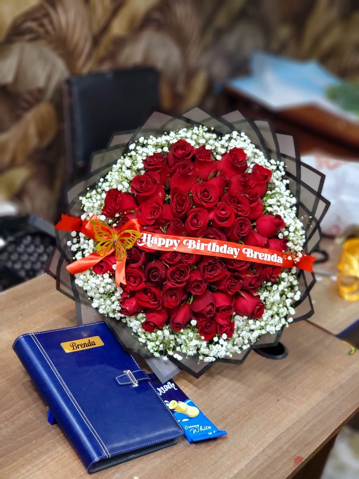 Luxury Red Roses Customized Birthday Gift Set with Personalized Diary & Chocolate