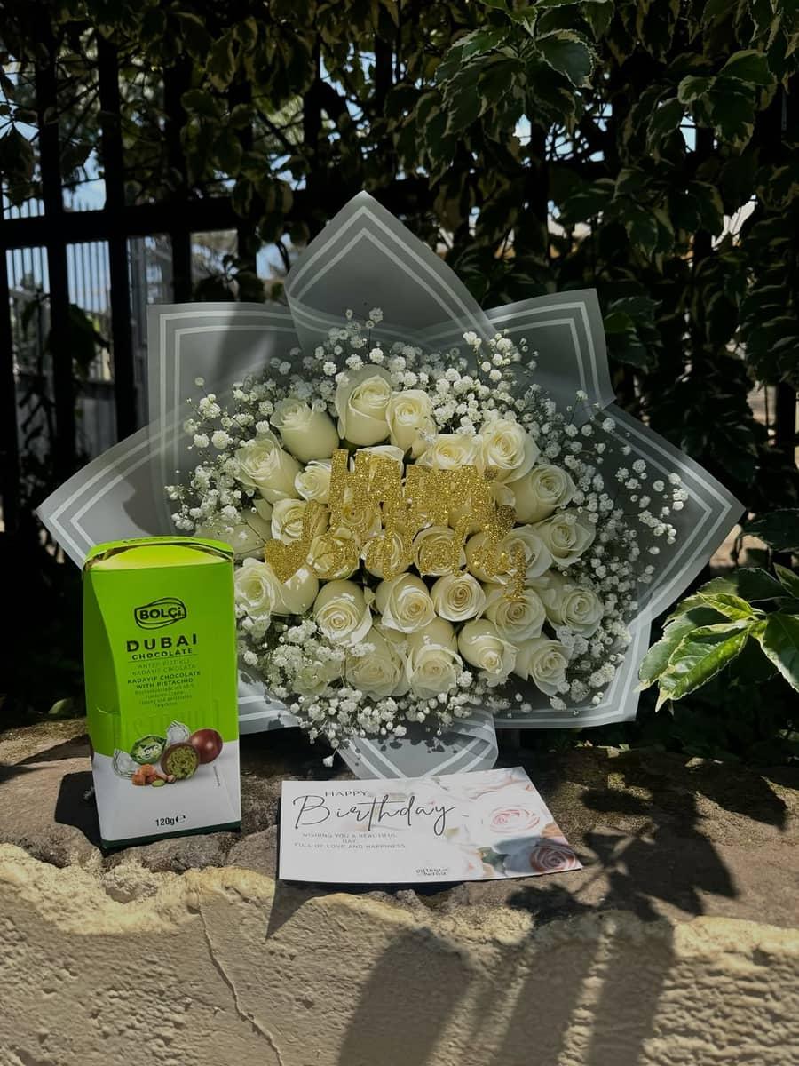 Ivory Elegance Birthday Rose Bouquet - Image 1