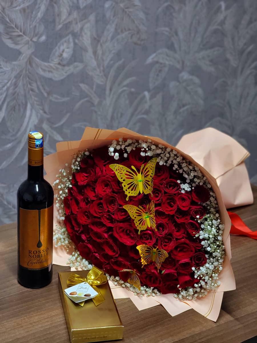 Golden Butterfly Romance – Luxury Red Rose Valentine Gift Set with Wine & Chocolates - Image 1