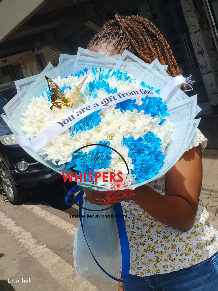 You Are a Gift from God – Blue & White Chrysanthemum Bouquet - Premium flower delivery Nairobi CBD, Westlands, Karen | Floral Whispers Gifts - Image 1