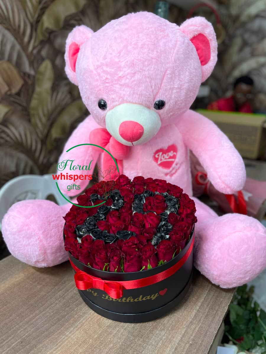 Customized Rose Flower Box with 120cm Pink Teddy Bear — flowers delivered in Nairobi by Floral Whispers Gifts