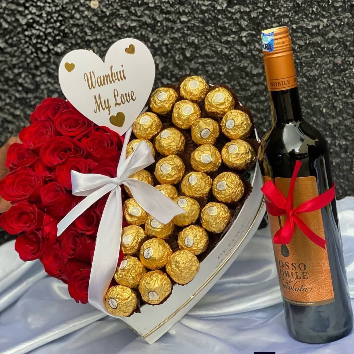 Romantic Rose, Ferrero Rocher & Wine Gift Hamper in Nairobi – Luxury Love Package — wine delivered in Nairobi by Floral Whispers Gifts